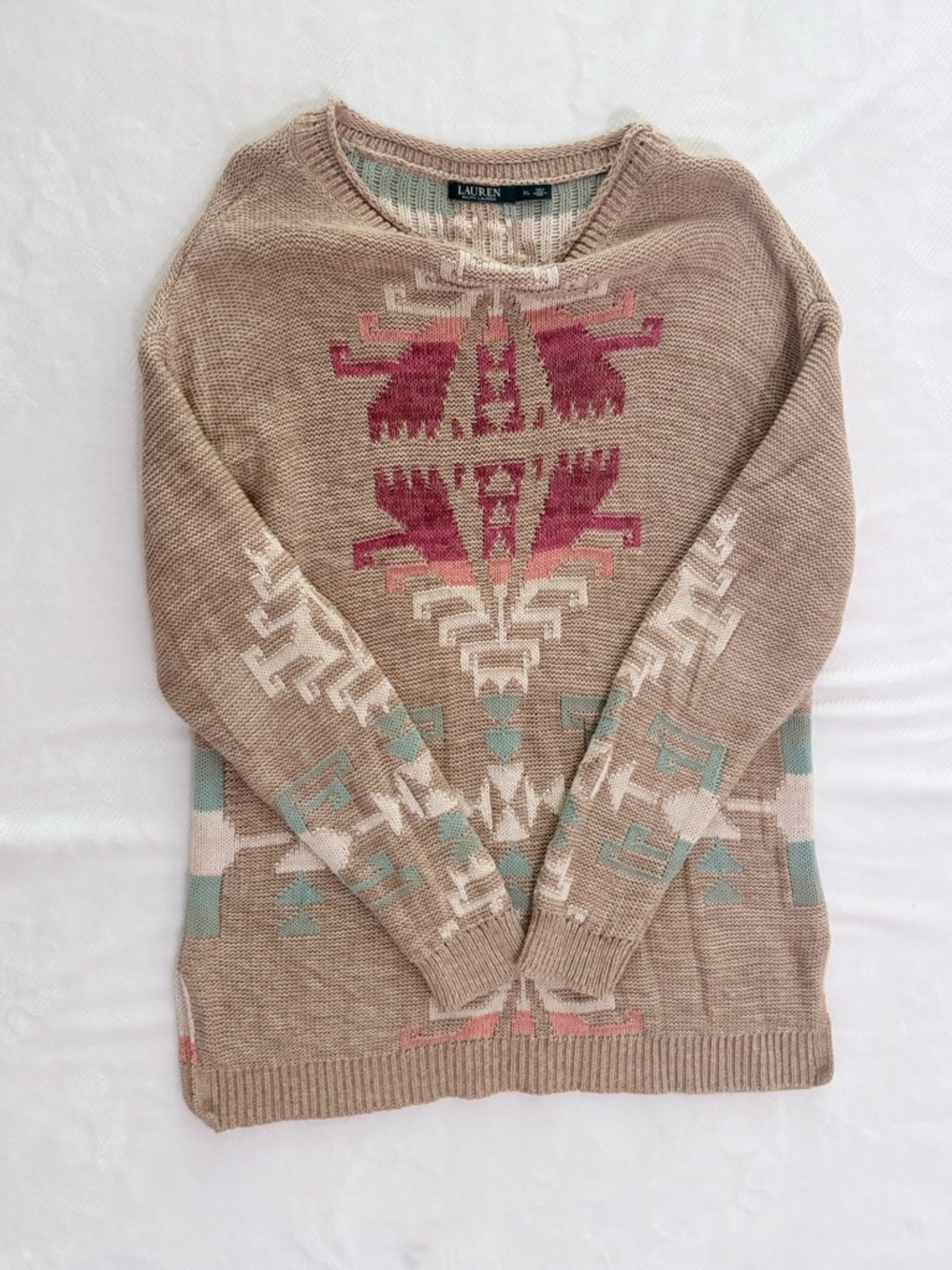 Lauren Ralph Lauren Taupe Knit Sweater with Pink & Teal Aztec Motif